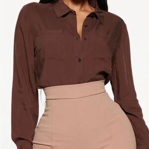 Brown button up silky blouse